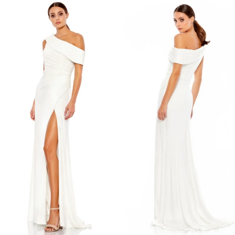 Mac Duggal Size 12 Foldover Off the Shoulder Slit Gown Dress White 26517